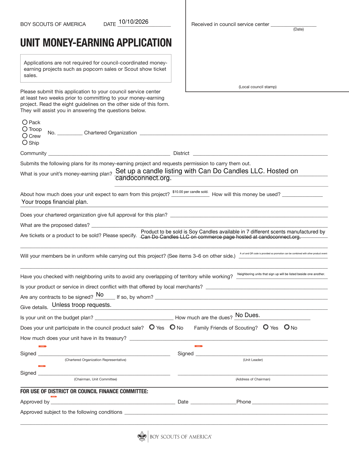Page one of the Unit Money-Earning Application, filled in with the troop candle fundraiser example answers
