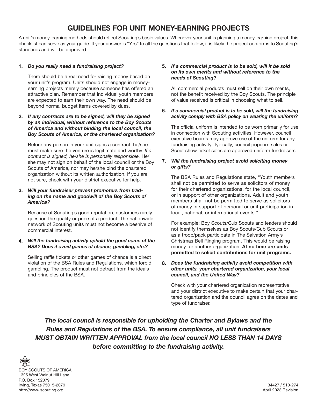 Page two of the Unit Money-Earning Application showing the project guidelines