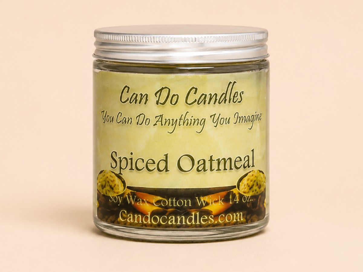 Can Do Candles Spiced Oatmeal candle in a glass jar